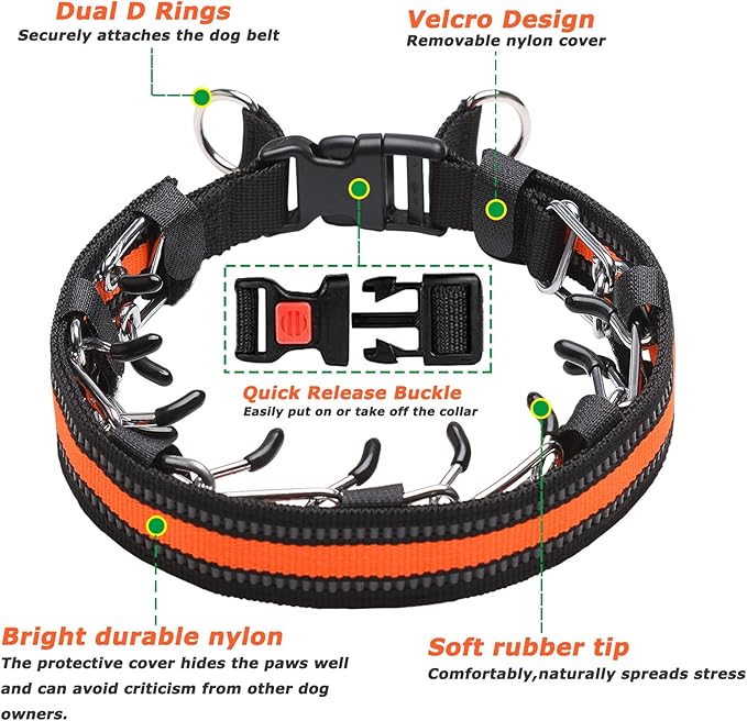 Prong Collar for Dogs, Reflective Covered Dog Spike Pinch Collar, Adjustable Dog Training Collar with Quick Release Buckle for Small Medium Large Dogs (M Size)