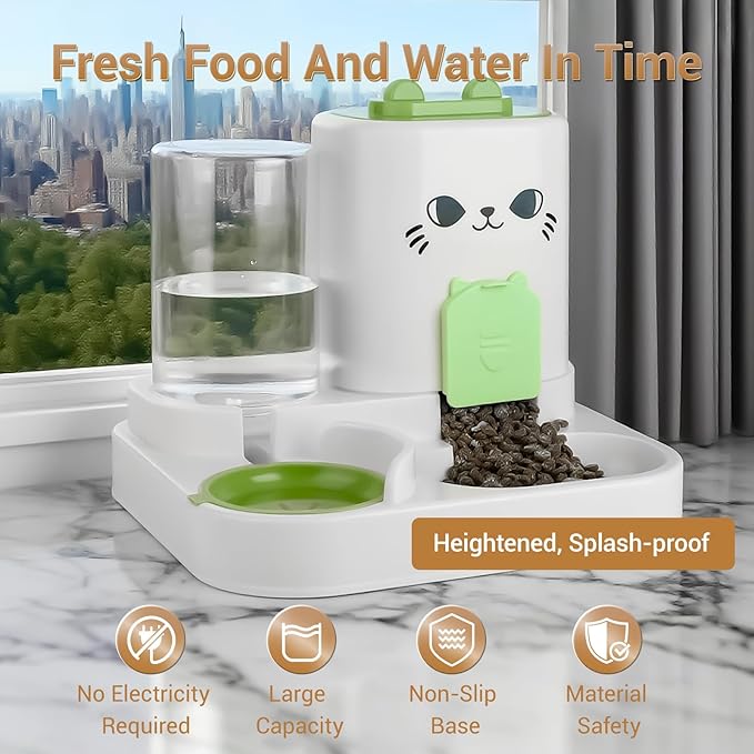 2-in-1 Gravity Pet Feeder & Water Dispenser for Cats Dogs - Large Capacity Cat Food Station with Water Bowl, Travel-Friendly (Green)