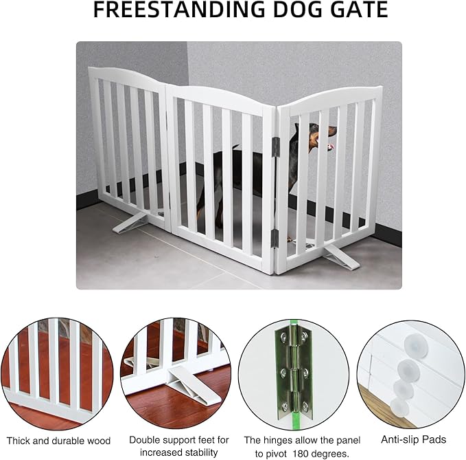 Freestanding Dog Gate Indoor,Doggie Gate Foldable Dog Gates for Doorways,Stairs or Hallways, Wooden White Pet Gate for The House, Pet Fence with Support Feet Included,24 "Height-3 Panels