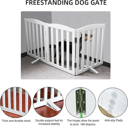 Freestanding Dog Gate Indoor,Doggie Gate Foldable Dog Gates for Doorways,Stairs or Hallways, Wooden White Pet Gate for The House, Pet Fence with Support Feet Included,24 "Height-3 Panels