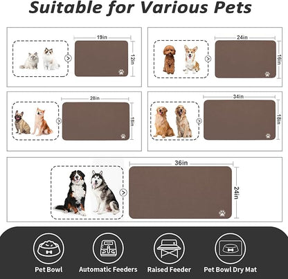 HotLive Dog Food Mat - Absorbent Cat Mat for Food and Water, No Stains Pet Feeding Bowl Mat, Easy to Clean Pet Placemats, Quick Dry Dog Water Dispenser Mat for Messy Drinkers | Paw Brown 18"x34"