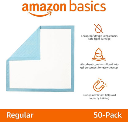 Amazon Basics Heavy Duty Dog and Puppy Pee Pads, Leak-Proof 5-Layer Super Absorbent, Quick-Dry Surface for Potty Training, Regular Size, 24x23", Blue & White, 50 Count