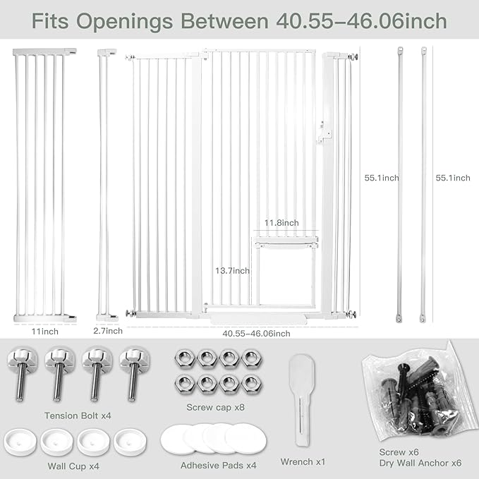SHYUJAJIE 55 Inch Extra Tall Pet Gate with Small Cat Door,29.55"-46.06" Adjustable Wide Dog Gate, Tall Cats Gates for Doorway, Stairs, House(White)