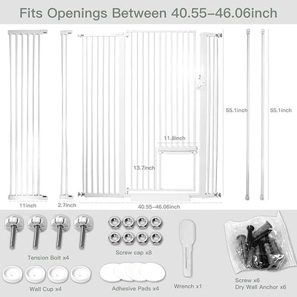 SHYUJAJIE 55 Inch Extra Tall Pet Gate with Small Cat Door,29.55"-46.06" Adjustable Wide Dog Gate, Tall Cats Gates for Doorway, Stairs, House(White)