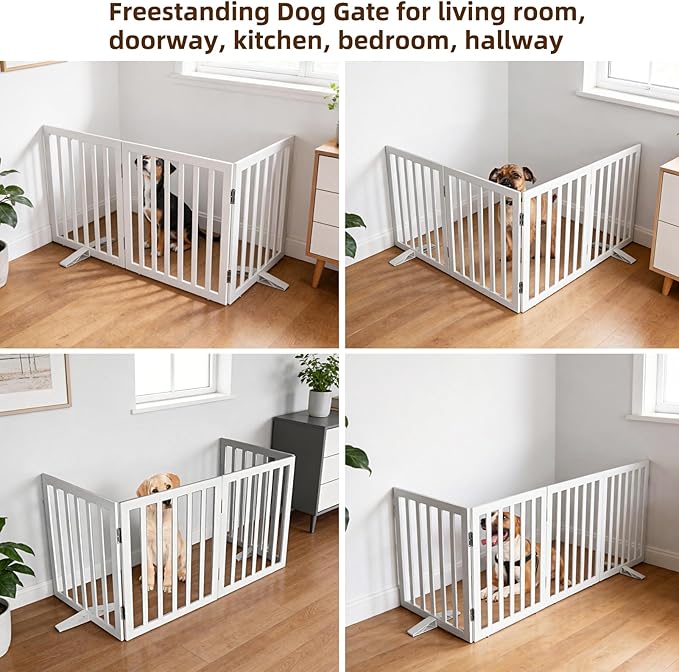 ZJSF Freestanding Indoor Dog Gate for House Foldable Wood White Puppy Gate for Doorways Pet Gate for Stairs Extra Wide Pet Fence 24" Height 3 Panels