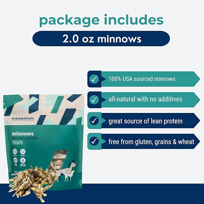 Momentum Carnivore Nutrition Freeze-Dried Minnows Dog Treats & Cat Treats – Single-Ingredient, High-Protein, Grain-Free, Natural Whole-Fish Treat – Made in USA – 2 oz Bag