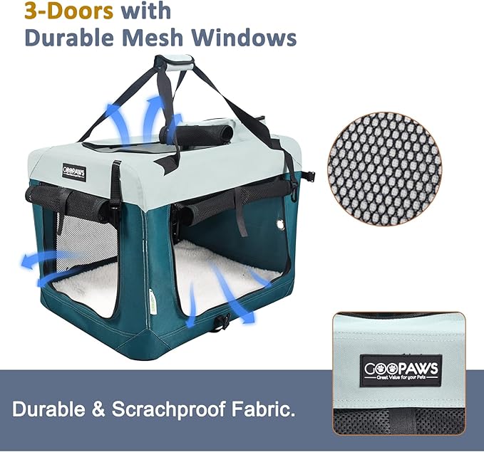JESPET Soft Dog Crates Kennel for Pets, 3 Door Soft Sided Folding Travel Pet Carrier with Straps and Fleece Mat for Dogs, Cats (8-Teal Blue, Large(30" L x 21" W x 23" H))