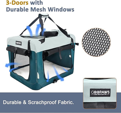 JESPET Soft Dog Crates Kennel for Pets, 3 Door Soft Sided Folding Travel Pet Carrier with Straps and Fleece Mat for Dogs, Cats (8-Teal Blue, Large(30" L x 21" W x 23" H))