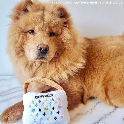 Haute Diggity Dog Chewy Vuiton Handbag Plush Squeaky Dog Toy, Soft Durable Designer-Inspired Stuffed Puppy Chew Toys for Small & Medium Dogs, Machine-Washable (White) Large