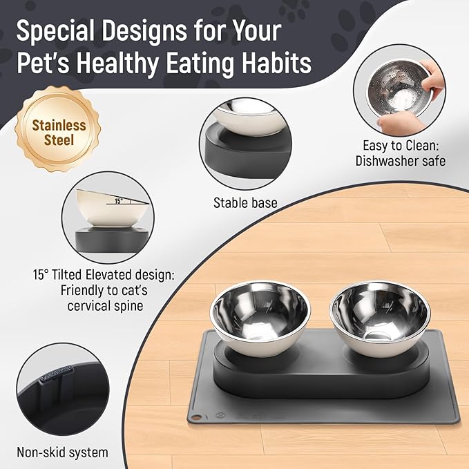 Marchul Stainless Steel Elevated Dog Food Bowls Set with Spill Proof Dish Mat, Raised Tilted Cat Bowl for Healthy Digestion, 1-Second Detachable & Dishwasher Safe