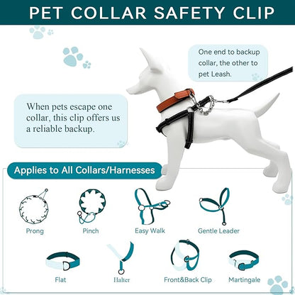 Dog Collar Safety Clip, Chew Proof Prong Collar Double Ended Backup Clasp Stainless Steel, Heavy Duty Dog Chain Leash Connector for Harness, Pinch, Gentle Lead with Carabiner, 4.6in