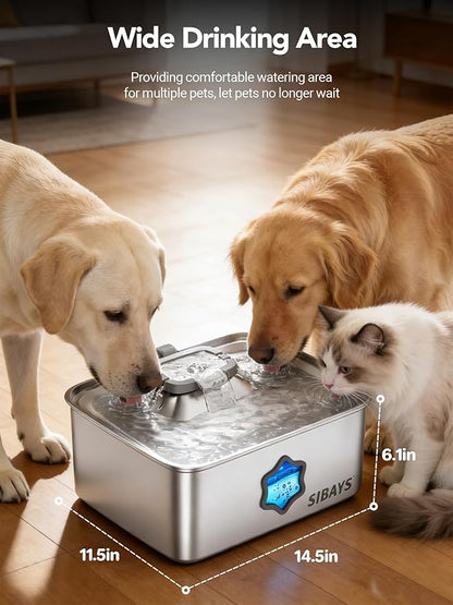 SIBAYS 4Gal/15L Dog Water Fountain, Stainless Steel Pet Water Fountain with Water Level Window & LED Light, Quiet Automatic Dog Water Bowl Dispenser for Large Dogs & Multi-Pet, Easy to Clean FS81