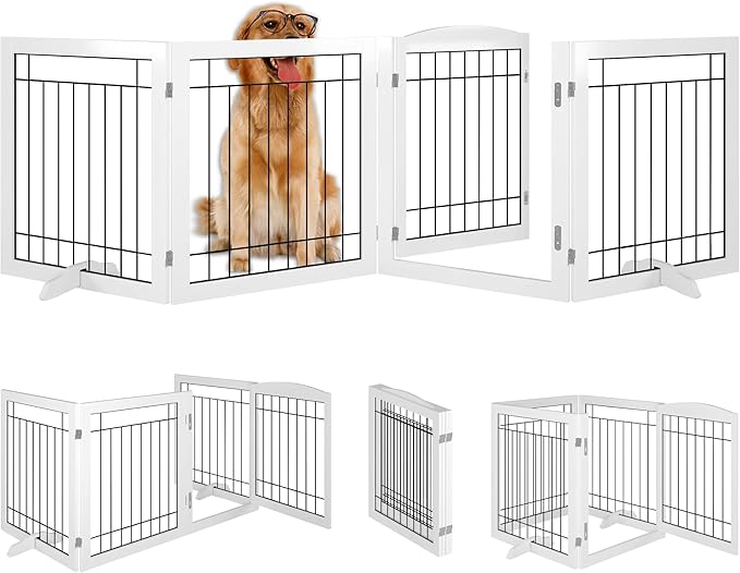 Vantas Folding Pet Gate 96" Wide, 30" Tall No-Assembly Wooden Dog Gate with Door Walk Through, Freestanding Wire Pet Puppy Safety Fence, with 2PCS Support - White