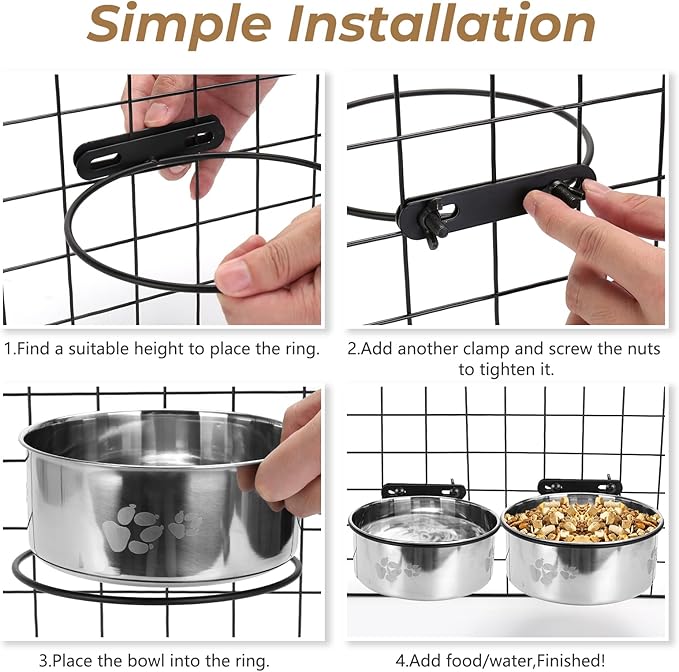 Dog Crate Water Food Bowl No Spill,2 Pack Hanging Dog Bowls for Kennel,Dogs Crate Water Feeder Dish,Stainless Steel Kennel Dogs Bowls Mountable for Cats Bunny Ferret Bird