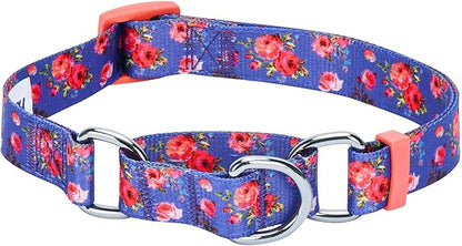 Blueberry Pet Spring Scent Inspired Rose Print Martingale Safety Training Dog Collar, Irish Blue, Medium, Heavy Duty Adjustable Collars for Dogs
