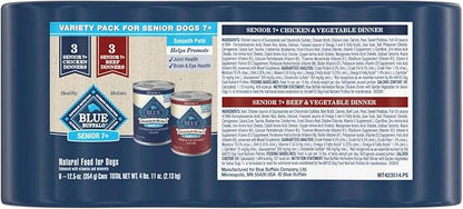 Blue Buffalo Homestyle Recipe Senior Wet Dog Food, Made with Natural Ingredients, Beef Dinner and Chicken Dinner, Variety Pack, (12.5-oz Cans, 3 of Each Flavor)