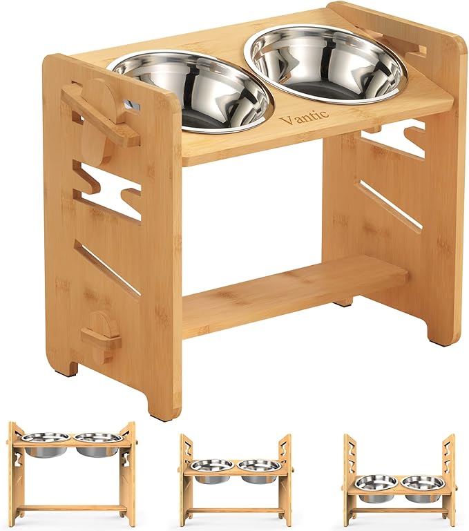 Vantic Elevated Dog Bowls, Adjustable Raised Dog Bowl Stand for Medium Sized Pet, Sturdy Bamboo Food Feeder with 2 Stainless Steel Dishes, Natural