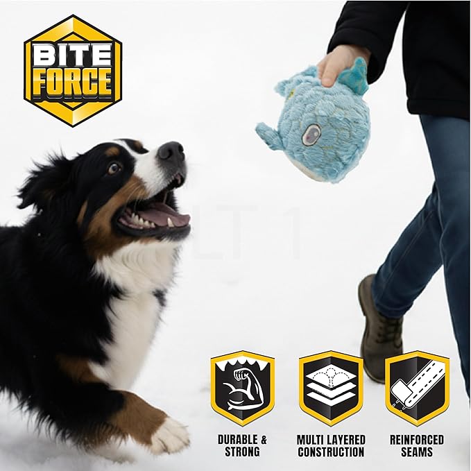 Bite Force - Durable & Strong Dog Toy Blue Whale with Squeaker, Kevlar-Reinforced Seams for Aggressive chewers- Blue.