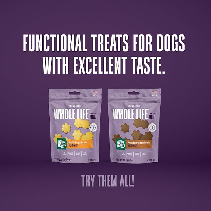 Whole Life Dog Living Treats for Dogs – Human Grade Probiotics for Digestive & Gut Health, Canine Gas, Diarrhea, Vomit & Constipation Relief - Pumpkin, 3 oz (Pack of 1)