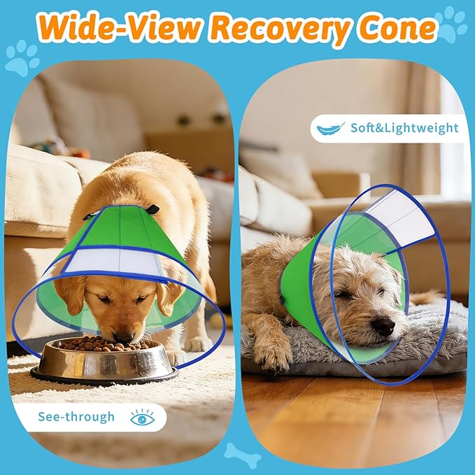 Dog Cone Collar, Clear Soft Cone for Dogs After Surgery to Stop Licking, Breathable Mesh Recovery Collar with Elastic Loop for Snug Fit, Adjustable E-Collar for Medium Dogs, Green Size 2