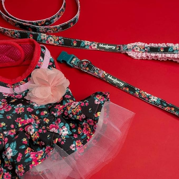 Blueberry Pet Made Well Elegant Floral Print Adjustable Dog Collar in Sleek Black with Pink Artificial Silk Flower, Large, Neck 18"-26"