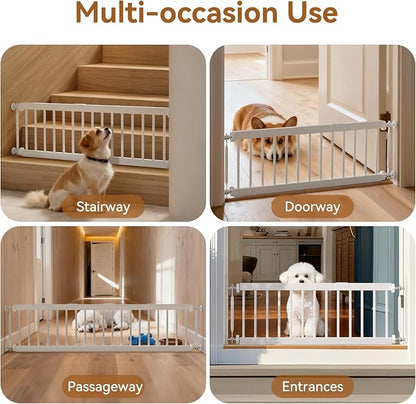 Fldofaves Dog Gate - 18"-45" Adjustable Extra Wide Metal Baby Gate to Step Over, 10" Tall Small Pet Gate with 3 Extension Kits, Pressure Mounted for Doorways & Stairs