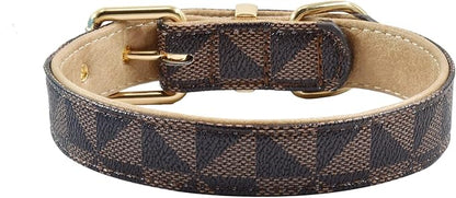 Leather Dog Collar and Leash Set, Check Pattern Dog Collar Leashes Metal Buckle Adjustable Durable for Small Medium Large Dogs (Brown, S(11.4-13.4IN))