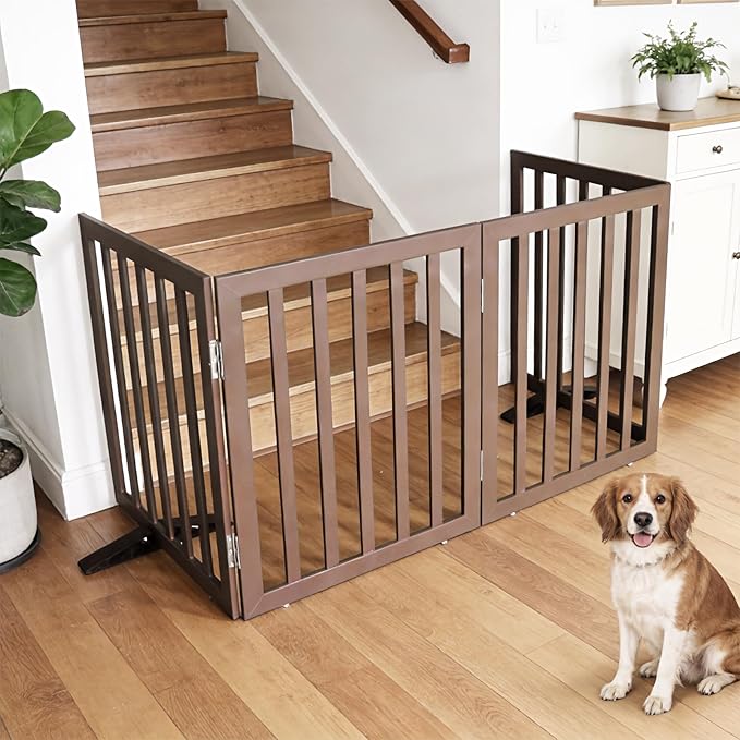 Dog Gate Indoor, Freestanding Dog Fence for The House, Doorways, Hallways,or Stairs,Pet Gate Foldable Wooden,Expandable 24" Height 6 Panels,Brown