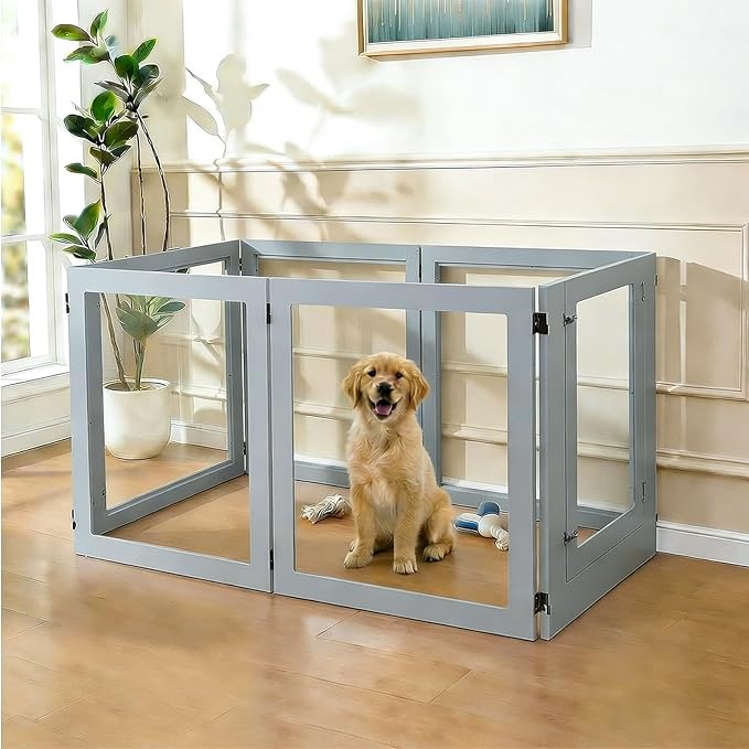 Heavy Duty Clear Acrylic Dog Playpen, 32" Height Transparent Pet Pen, Metal Frame Easy Assemble Kennel Enclosure, Ideal for Small to Medium Dogs, Cats, and Other Small Pets (Grey, 6 Panels with Door)