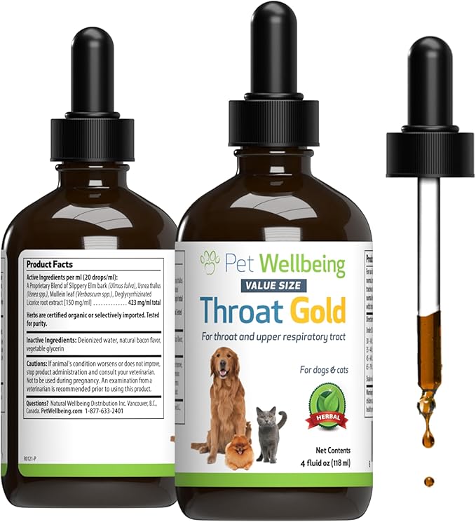 Pet Wellbeing Throat Gold for Dogs - Supports Collapsed Trachea & Throat Discomfort with Mullein & Slippery Elm for Kennel Cough - NASC Certified & Vet-Formulated 4 oz Liquid Formula