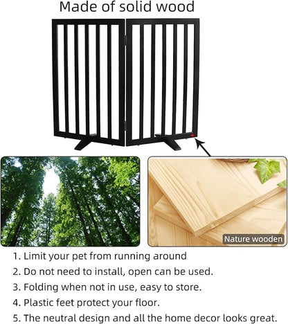 ZJSF Freestanding Indoor Dog Gate for House Foldable Wood Puppy Gate for Doorways Pet Gate for Stairs Extra Wide Pet Fence, Black, 32" Height 2 Panels
