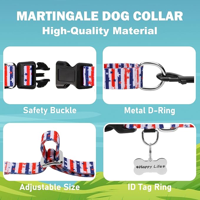 American Flag Martingale Collar 4th of July Star Holiday Dog Collar with Buckle Adjustable Pet Collars (Red Blue Patriotic Stripes, Small)