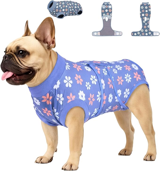 PetWarm Dog Surgical Recovery Suit Male, Dog Bodysuit for Sensitive Skin Areas, Surgical Suit for Dogs Abdominal Affected Areas Bandages, Substitute E-Collar and Cone, Flower Pattern, Blue, XS