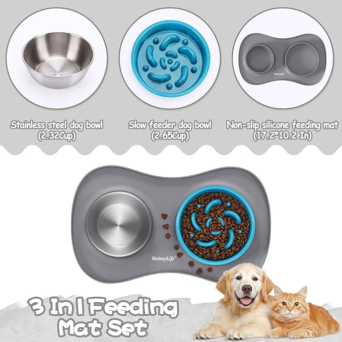 MateeyLife Dog Food and Water Bowl Set 3 in 1, Slow Feeder Dog Bowls & Stainless Steel Water Bowl with Non-Spill Silicone Mat, Cat and Puppy Bowls Pet Dishes for Small Medium Large Breed Anti-Choking