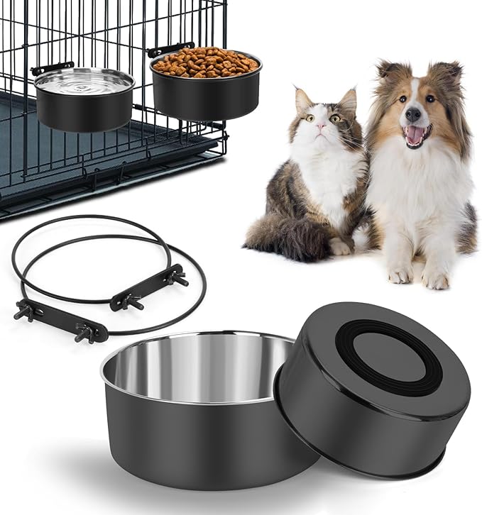 Dog Crate Bowl, Kennel Dog Bowls Mountable & Non Slip Rubber Base Food and Water Bowls, 34oz & 25oz Metal Dish for Medium and Small Pets, Cats, Dogs, Puppy, Rabbit, 2 Pack, Black