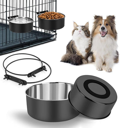 Dog Crate Bowl, Kennel Dog Bowls Mountable & Non Slip Rubber Base Food and Water Bowls, 34oz & 25oz Metal Dish for Medium and Small Pets, Cats, Dogs, Puppy, Rabbit, 2 Pack, Black