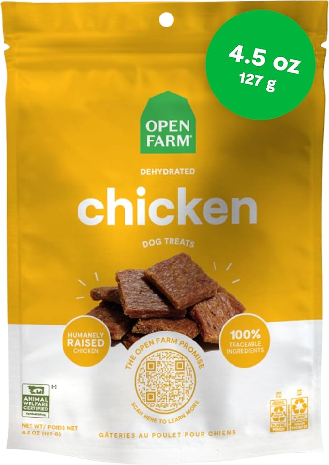 Open Farm, Dehydrated Dog Treats, High Protein & Low Carbohydrate Dog Snacks, Chewy Texture, Made with Ethically & Sustainably Sourced Ingredients, Chicken Recipe, 4.5oz Pouch