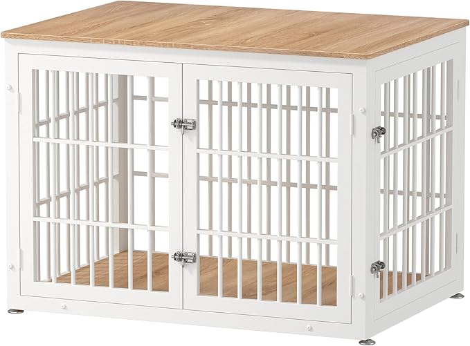 rehomerance 42 Inch Heavy Duty Dog Crate Furniture for Large and Medium Dogs, Decorative Pet House End Table, Wooden Cage Kennel Furniture Indoor, Natural and White