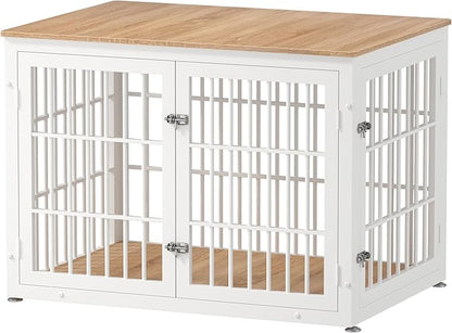 rehomerance 42 Inch Heavy Duty Dog Crate Furniture for Large and Medium Dogs, Decorative Pet House End Table, Wooden Cage Kennel Furniture Indoor, Natural and White