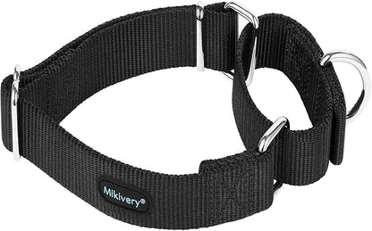 Mikivery Martingale Dog Collar Nylon Adjustable and Safety Training Colourful Comfortable Metal Buckle Pet Collars for Small Medium and Large Dogs(Black,M)