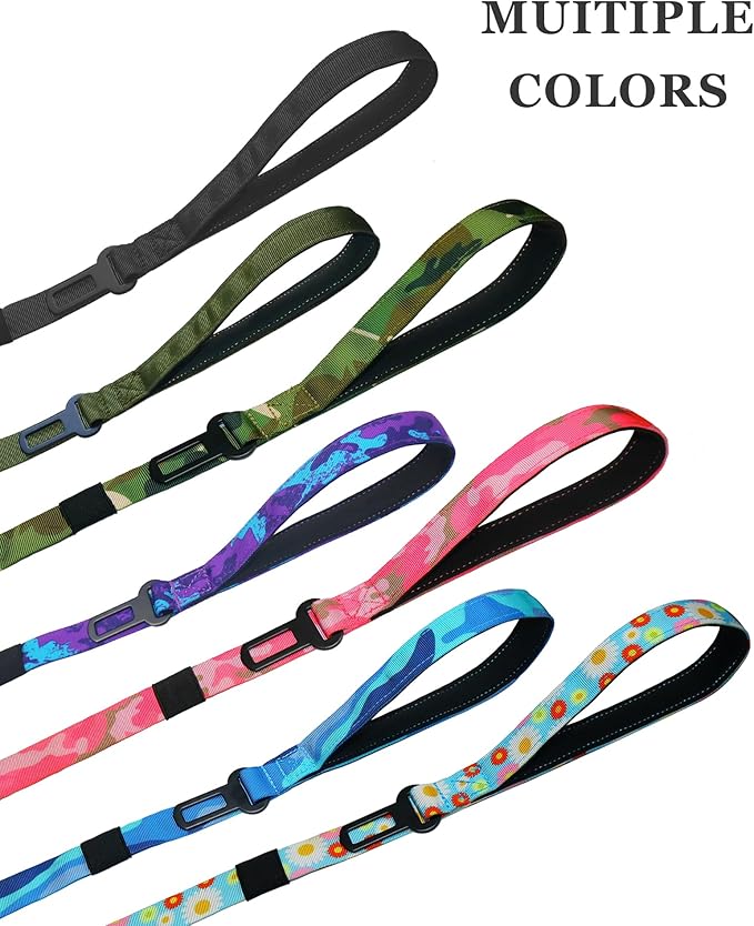 Hotsky Heavy Duty Dog Leash with Two Padded Handles,4.5-6 FT Adjustable Nylon Seatbelt Dog Leash with Traffic Handle and Carabiner for Large Medium and Small Breed Dogs that Pull,Black