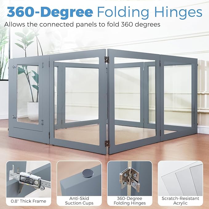 Heavy Duty Clear Acrylic Dog Playpen, 32" Height Transparent Pet Pen, Metal Frame Easy Assemble Kennel Enclosure, Ideal for Small to Medium Dogs, Cats, and Other Small Pets (Grey, 6 Panels with Door)
