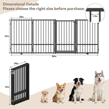 SNUOWU Full Metal Freestanding Dog Gate with Door, 32''Height Foldable Pet Dog Fence for Indoor & Outdoor, 4 Panels Extra Wide Free Standing TallDog Gates for Doorways,House,Stairs,Porch,Deck,Yard