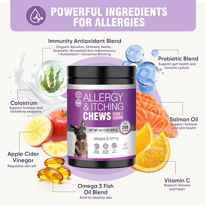 Dog Allergy Chews 200ct - Dog Allergy and Itching Skin Relief Anti Itch Aller Immune Bites for Dogs licking Paws Treatment Relief Itchy Chew Probiotics Vitamins for Skin and Coat Allergies - Chicken
