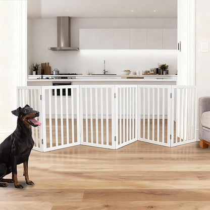 ZJSF Freestanding Indoor Dog Gate for House Foldable Wood White Puppy Gate for Doorways Pet Gate for Stairs Extra Wide Pet Fence 32" Height 6 Panels