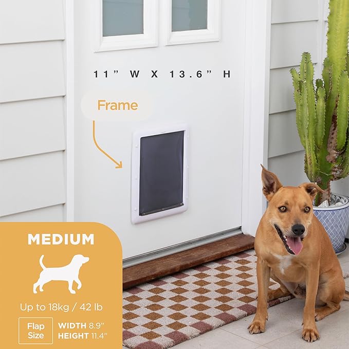 Hakuna Pets Essential Pet Door for Screens, Doors and Walls up to 2.17" Thick, for Dogs and Cats up to 42 lbs, Medium, White