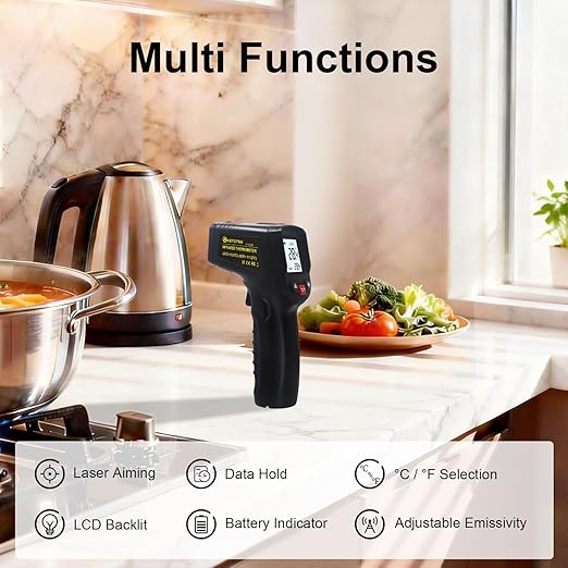 KETOTEK Infrared Thermometer Non Contact IR Digital Laser Temperature Gun -50℃～600℃ (-58℉～1112℉) Adjustable Emissivity Thermometer Gun for Cooking