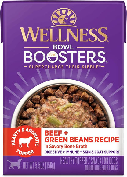 Wellness Bowl Boosters Hearty Topper Wet Dog Food for Small, Medium, and Large Breeds, Grain Free, Natural, Beef and Green Beans Recipe, 5.5 oz, Pack of 12