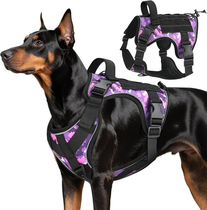 VavoPaw Heavy Duty Tactical Dog Harness for Large Dogs, No Pull Adjustable Pet Harness Reflective Service Training Easy Control Pet Vest Military K9 Working Dog Harnesses, Purple Camouflage, L