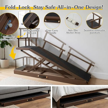 6 Level Height Adjustable Dog Ramp for Bed, Couch 65" Foldable Pet Ramp with Non-Slip Mat，DIY Glow Strips & Rest Platform Heavy Duty Dog Stairs for Large Dogs up to 200Lbs ，Brown